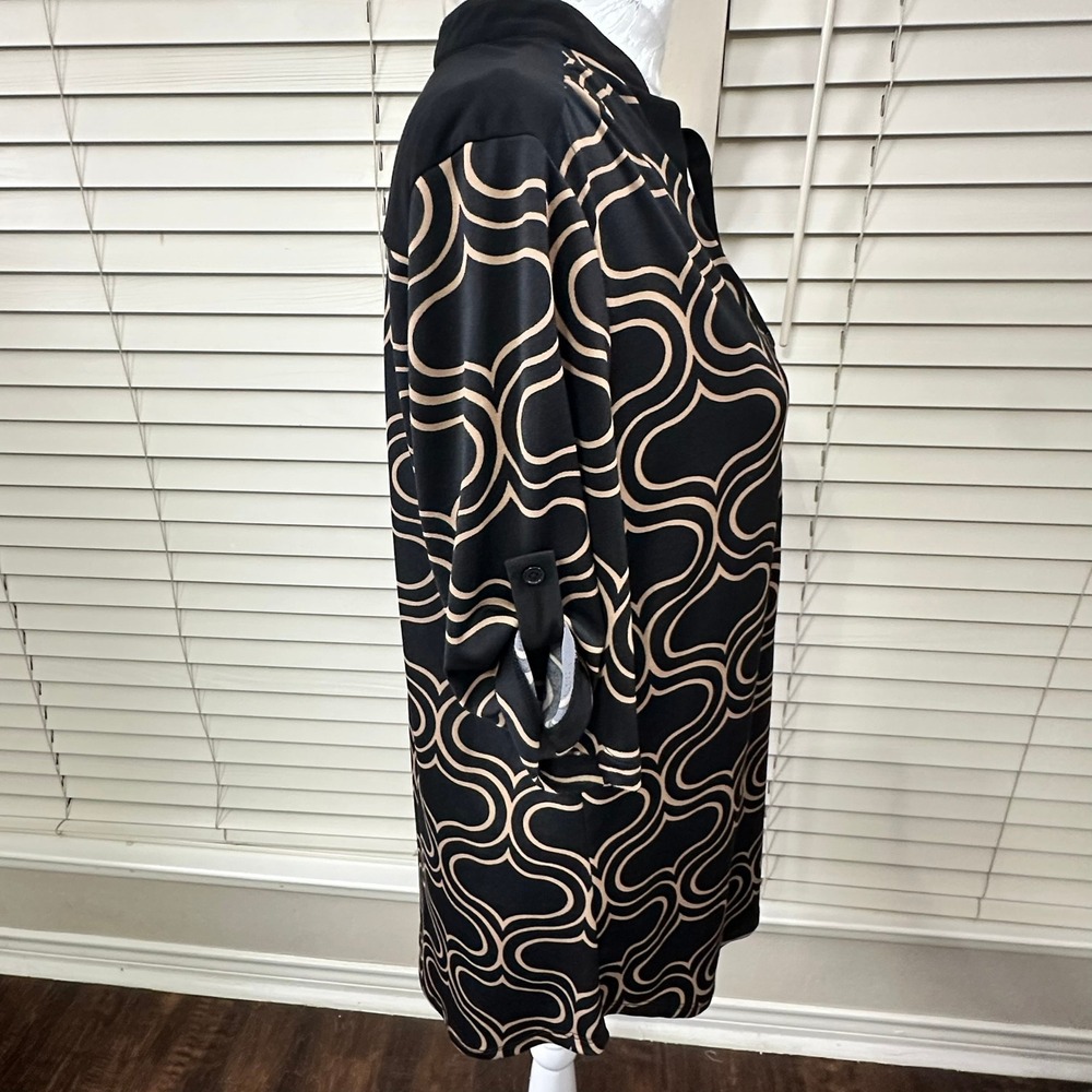PerSeption Concept Tunic Blouse Womens Large Black Tan Geometric Roll-Tab RA184 - Picture 3 of 10